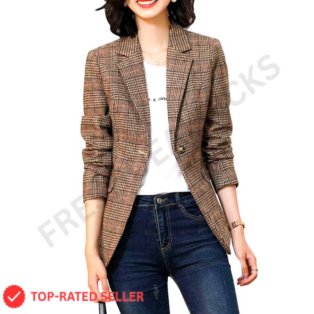 Women's Houndstooth Plaid Blazer Jacket, Notch Lapel, Double Breasted, Size M
